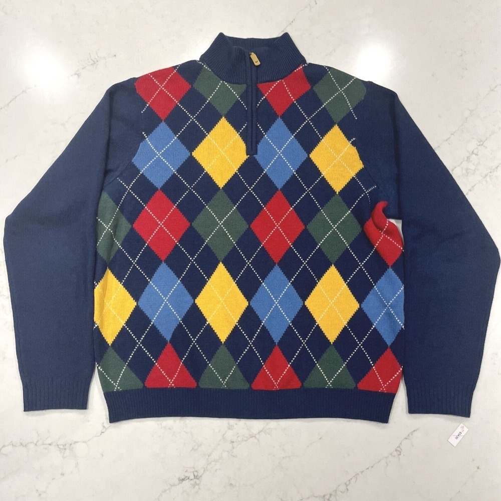 Vineyard Vines Mens L Wool Cashmere Blend 1/4 Zip Navy Preppy Argyle Sweater